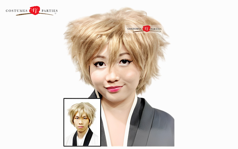 Cosplayer in a blonde wig for an anime costume.